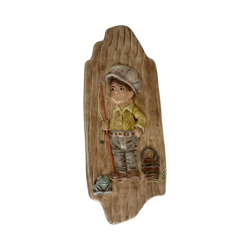 Vintage Ceramic Fishing Boy Wall Plaque 12 Inch Faux Wood Grain 3D Relief Decor